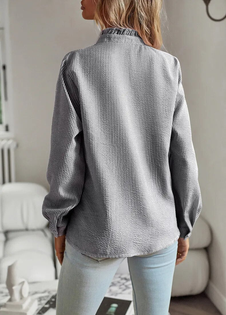 Women's Ruffled Button-Up Blouse - Long Sleeve Tops